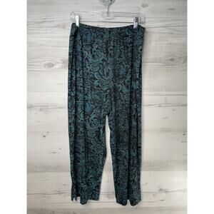Coldwater Creek Pants Womens XL Black Teal Floral Stretch Pull On Lounge USA